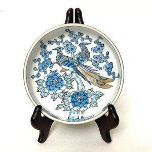 Gold Imari Hand Painted Peacock Bowl Porcelain Dish Blue & Gold Gilded